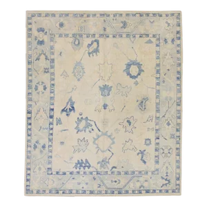 Early 21st Century Cream Handwoven Wool Turkish Oushak Rug in Blue Floral Design 8' X 9'5"