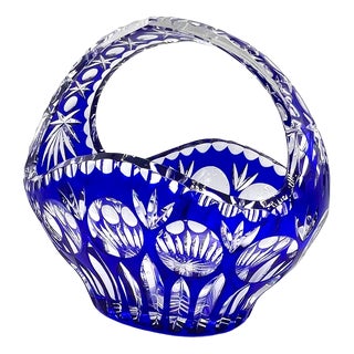 Vintage Crystal Basket Bowl in Cobalt Blue, 1960s For Sale