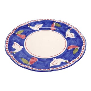 Blue and White Italian Plate/Platter With Roosters and Pears With Red Dots 11" For Sale