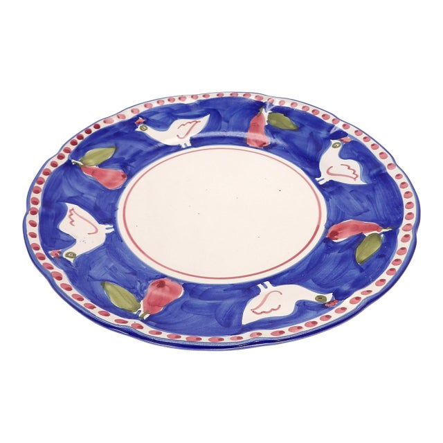 Blue and White Italian Plate/Platter With Roosters and Pears With Red Dots 11" For Sale