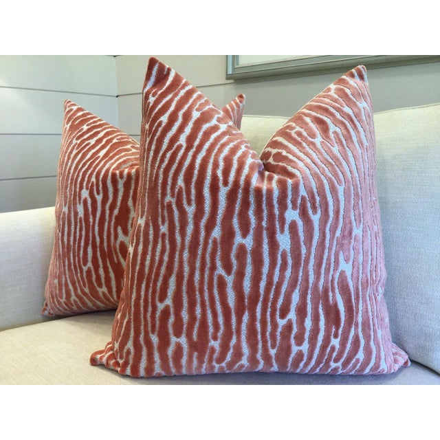 Love these! Under the sea almost. Gorgeous raised velvet in "Bedford Melon". These pillows look like a true coral reef...