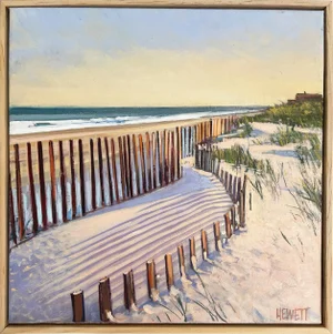 "Converging Lines - Ocean Beach Fences in the Dunes" Contemporary Realist Seascape Painting by Scott Hewett, Framed