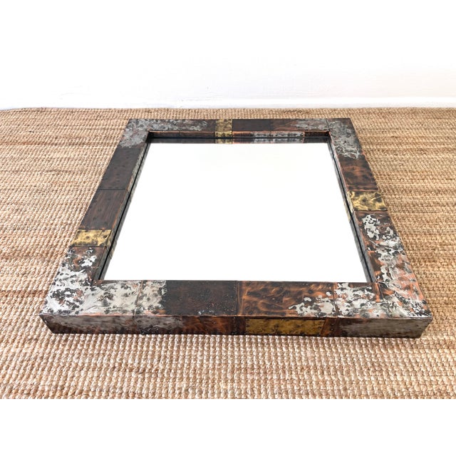 Vintage 1970s Paul Evan Brutal Patchwork Metal Wall Mirror constructed of wood, clad in brutal patchwork metal wire hanger...
