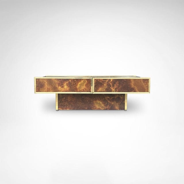 Coffee Table in Burl Wood and Brass Metal with Bar from Maison Lancel, France, 1980s For Sale - Image 6 of 10