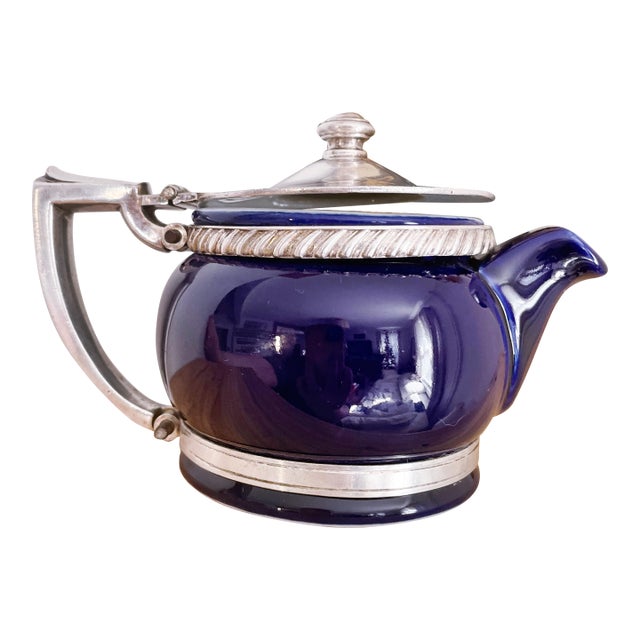 1961 Cobalt China and Silver Teapot From the Water Tower Inn in Chicago For Sale