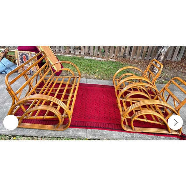 Fully Refurbished, Double Tear-Drop Stacked Rattan Bamboo Sofa and Chair Living Room Set. Mid-Century, Rattan in the Manner of Paul Frankl. For Sale - Image 11 of 13