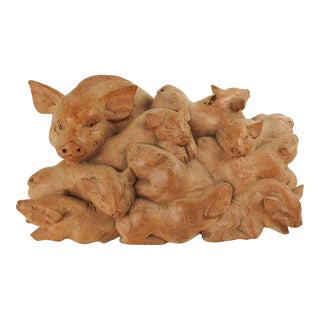 Vintage Carved Wood Sculpture Pile of Pigs For Sale