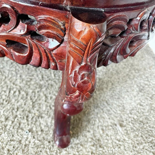 1980s Chinese Rosewood Hand Carved Pink Marble Top Oval Coffee Table For Sale - Image 5 of 8