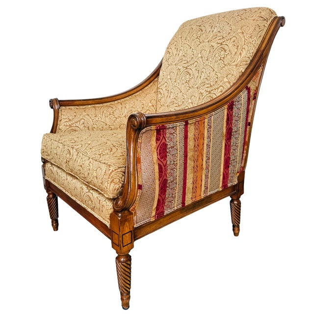 Drexel Heritage Neoclassical Bergère Chairs in Antique Cherry & Custom Upholstery - A Pair For Sale In San Diego - Image 6 of 18