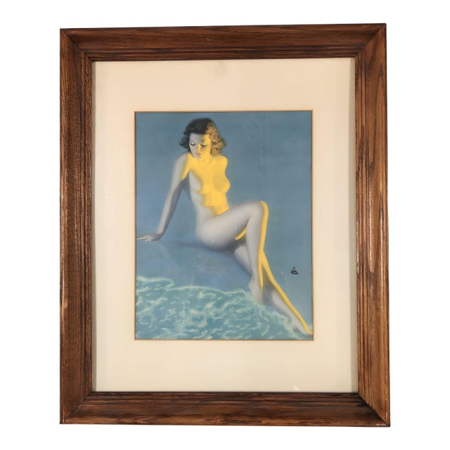 1950s Nude Female Figure at Blue Beach Lithograph by Earl Moran Framed For Sale