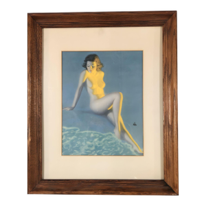 1950s Nude Female Figure at Blue Beach Lithograph by Earl Moran Framed