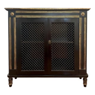 Mid-Century Regency / Directoire Style Black & Gilt Painted Cabinet / Bookcase / Bar With Inset Wire Screen & Key, Attrib. To Baker Furniture For Sale