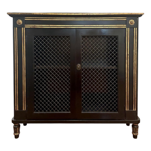 Mid-Century Regency / Directoire Style Black & Gilt Painted Cabinet / Bookcase / Bar With Inset Wire Screen & Key, Attrib. To Baker Furniture For Sale