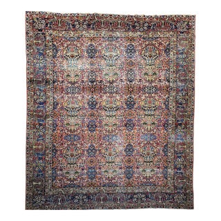 Vintage Kerman Lavar Rug, Tree of Life Pattern, Handwoven, Red & Blue, 11’ X 15’ For Sale