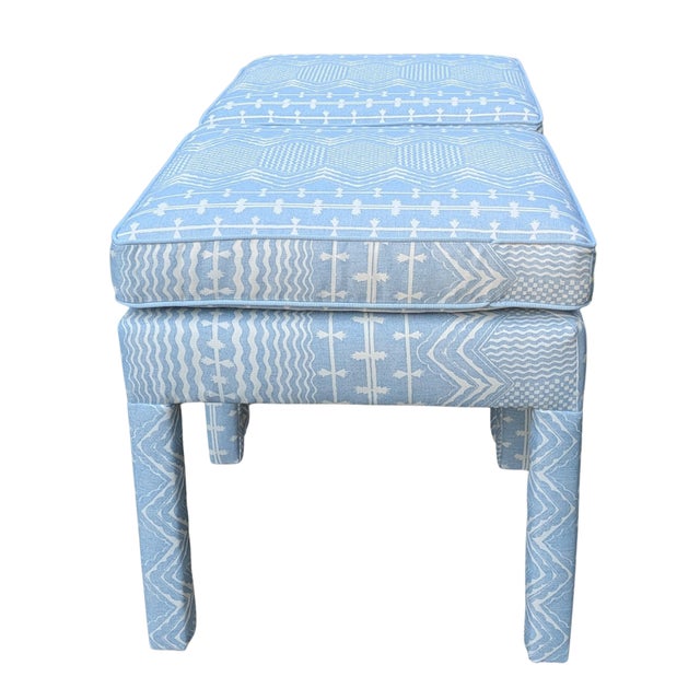 Textile Fermoie Abbey Stripe Parsons Ottomans in Sky Blue- Pair For Sale - Image 7 of 7