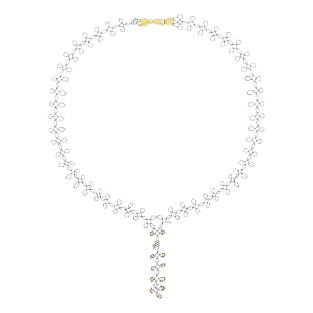 Gold Beaded Leaf Drop Necklace 14k Yellow & White Gold For Sale