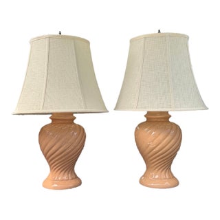 Vintage Pair of Blush Pink Ceramic Table Lamps With Linen Shades - Pair For Sale