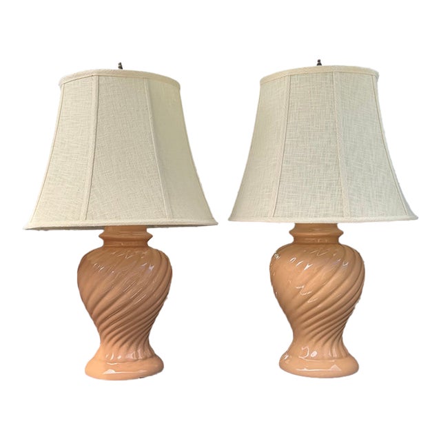 Vintage Pair of Blush Pink Ceramic Table Lamps With Linen Shades - Pair For Sale