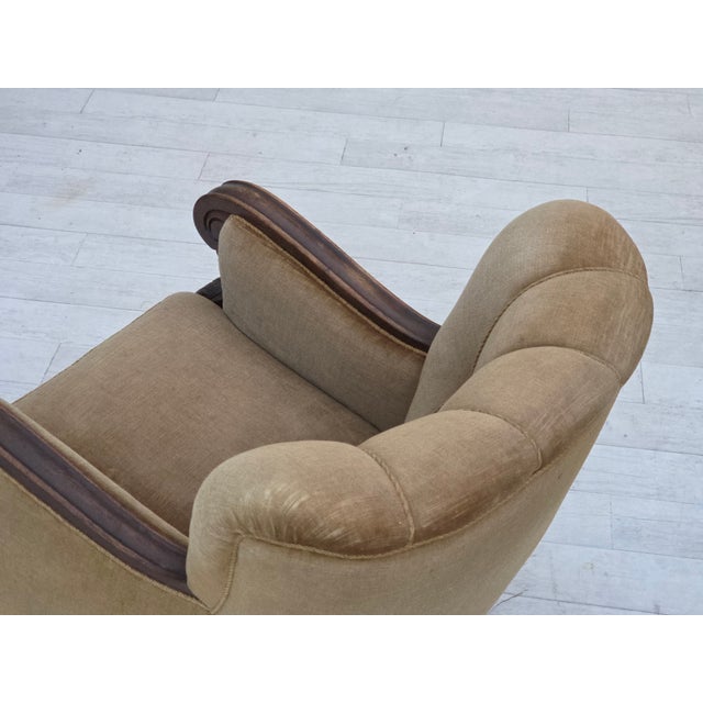 Danish Armchair in Green Furniture Velour and Carved Oak Wood, 1960s For Sale - Image 13 of 15