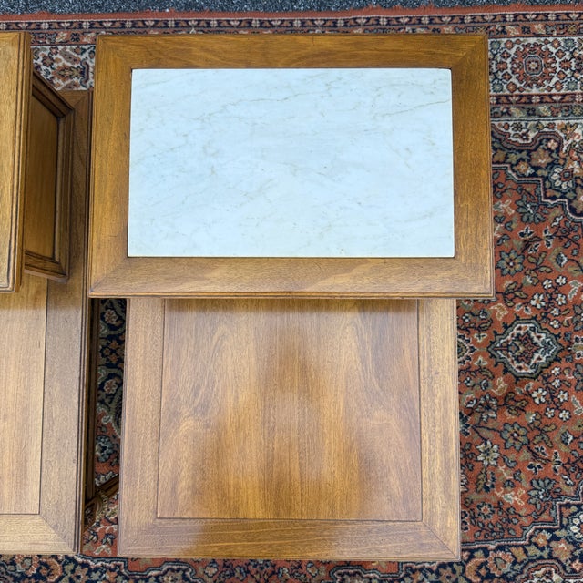 Vintage Gordon's Fine Furniture French Louis XVI Walnut Step Back Side Tables With Italian Marble Inserts - A Pair For Sale In Philadelphia - Image 6 of 18