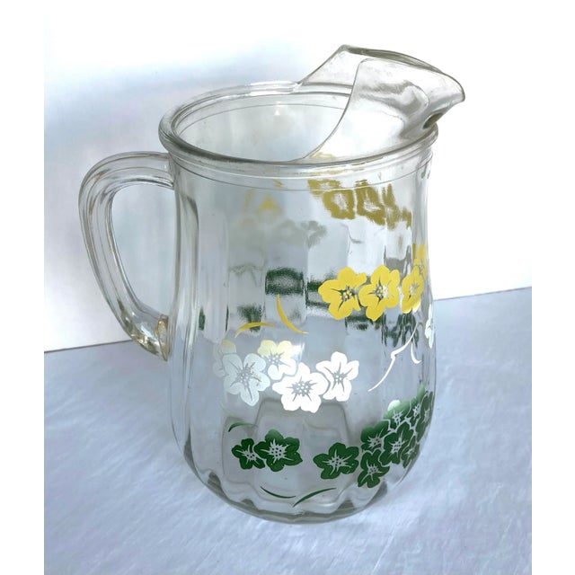 Mid 20th Century Mid-Century Clear Glass Pitcher With Yellow, Green and White Flowersr For Sale - Image 5 of 10