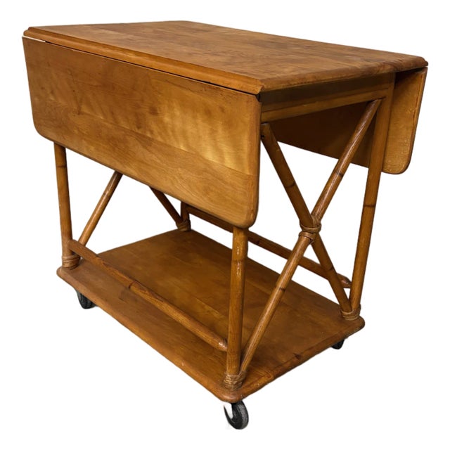 1950s Heywood-Wakefield Birch Rattan Drop Leaf Bar Serving Cart For Sale