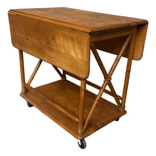 Heywood-Wakefield Birch Rattan Drop Leaf Bar Serving Cart For Sale