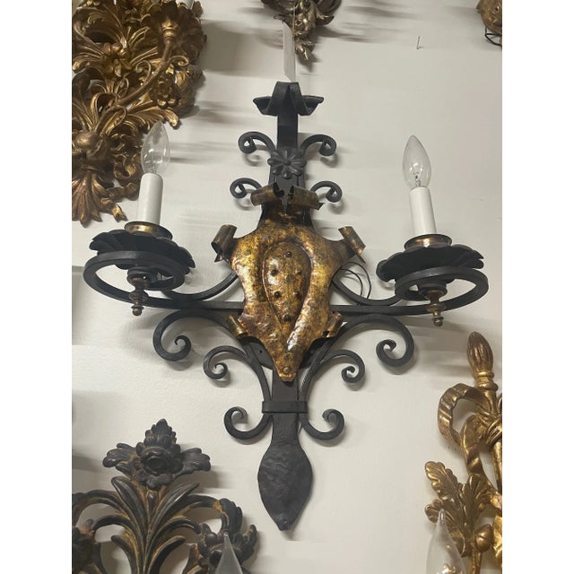 1990s 1990s Italian Iron and Gold Wall Sconces With Two Lights For Sale - Image 5 of 5