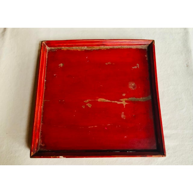 19th Century Chinese Elmwood Red Lacquer Tea Tray - Hand Made & Hand Painted For Sale - Image 9 of 12