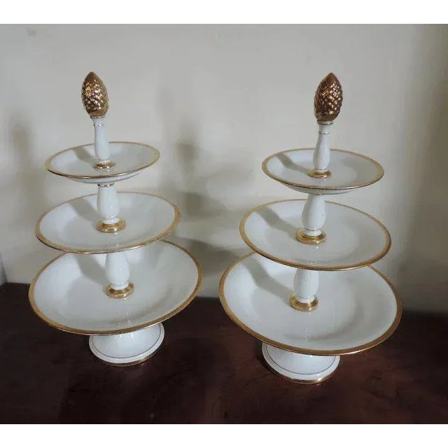 Early 19th Century French Empire Old Paris Porcelain White & Gold Edouard Honore Three Tier Dessert Tazza Hors d’oeuvres Stand - A Pair For Sale - Image 4 of 11