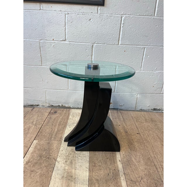 Contemporary Karl Springer Style Black Lacquer Pedestal Side Table With Glass Top For Sale - Image 3 of 11