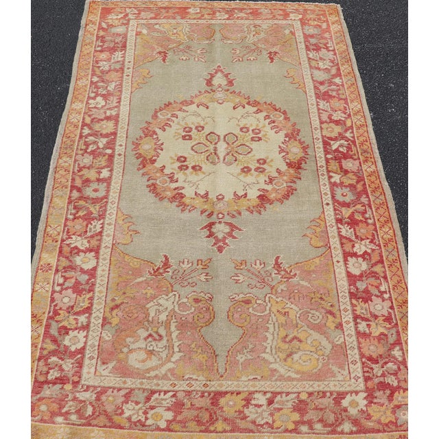 Turkish Oushak Vintage Rug With Floral Medallion Design in Red and Light Blue For Sale - Image 9 of 13