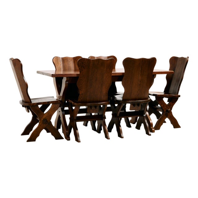 Brutalist Oak Dining Table and Chairs, 1970s, Set of 7 For Sale