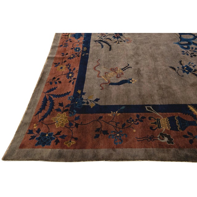 Textile Art Deco Handmade Floral Chinese Motif Wool Rug For Sale - Image 7 of 10