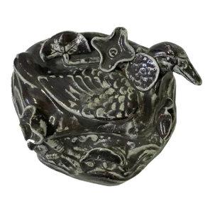 Dark Gray Clay Duck in Lotus Leaf Wall Hanging Vase Flower Pot