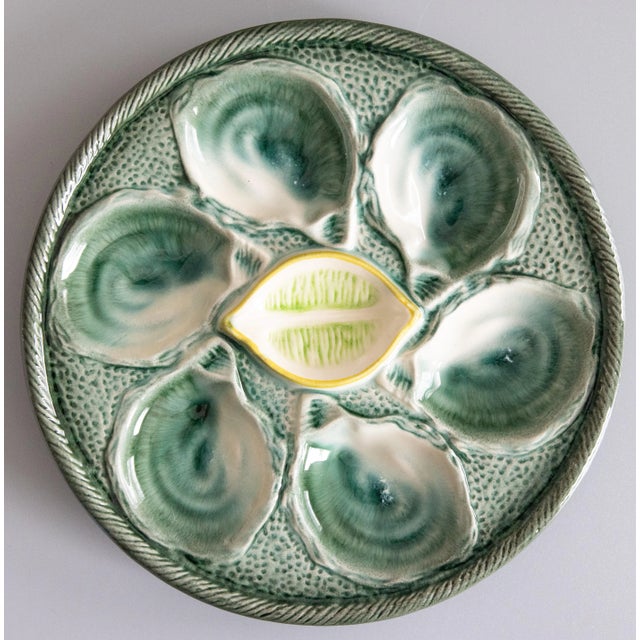 Ceramic Antique French Saint Clément Majolica Blue Green & Yellow Lemon Wedge Oyster Plate For Sale - Image 7 of 7