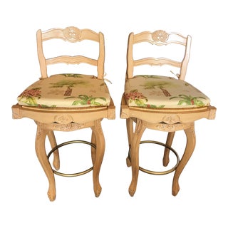 Country French Ladder Back Swivel Barstools With Custom Removable Seat Cushions - Set of 2 For Sale