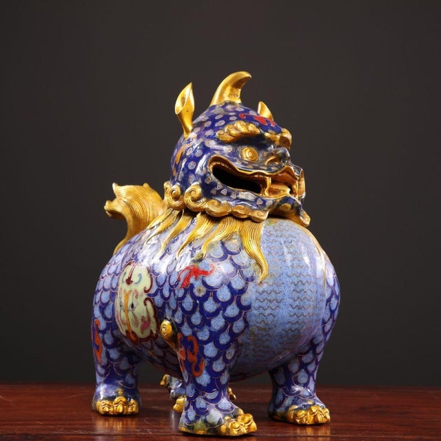 Metal Vintage Chinese Gilt Cloisonné Mythical Beast Incense Burner (Luduan) - 2560g For Sale - Image 7 of 9