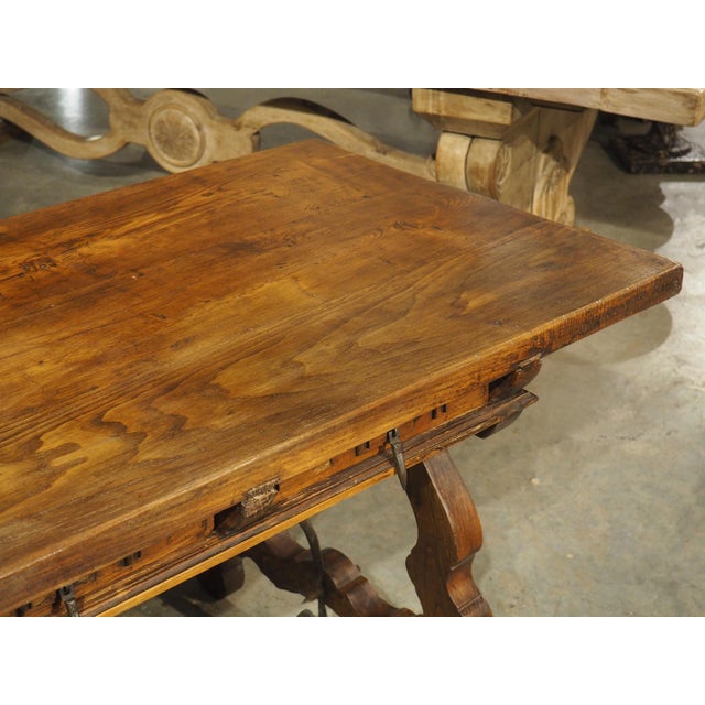 Brown A 1900s Spanish Library Table Desk With Iron Stretchers, Shallow Frieze Drawers For Sale - Image 8 of 18