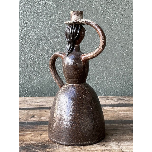 Vintage Glazed Terracotta Figure Candlestick For Sale - Image 4 of 12