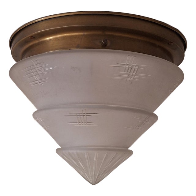 German Art Deco Brass Ceiling Lamp with Cut Glass Shade, 1930s For Sale