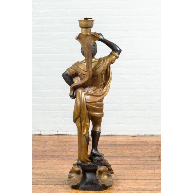 Early 20th Century Vintage Bronze Candleholder Statue with Black and Gold Patina, on Shell Base For Sale - Image 5 of 12