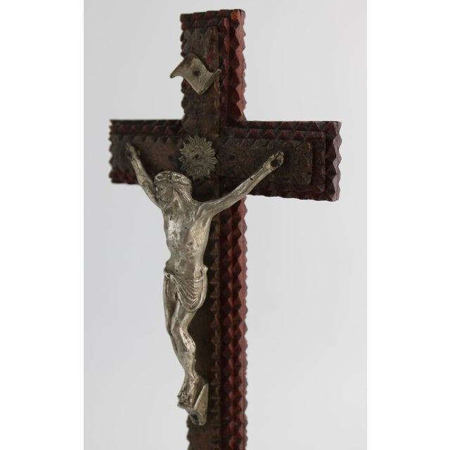 Rare Antique French Tramp Art Standing Crucifix, Hand Carved Folk Art For Sale - Image 4 of 15
