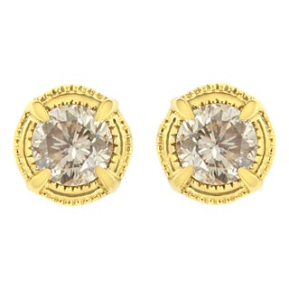 14K Yellow Gold Plated .925 Sterling Silver 3/4 Cttw Round Brilliant Cut Diamond Solitaire Milgrain Stud Earrings (K-L Color, I2-I3 Clarity) For Sale