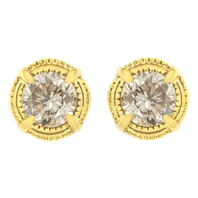 14K Yellow Gold Plated .925 Sterling Silver 3/4 Cttw Round Brilliant Cut Diamond Solitaire Milgrain Stud Earrings (K-L Color, I2-I3 Clarity) For Sale
