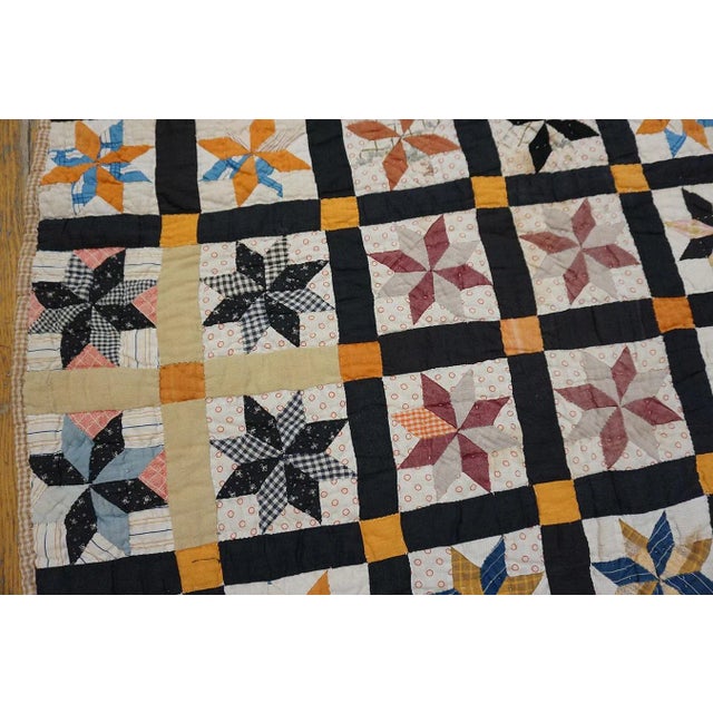 1930s Multicolor Geometric 4Star Antique American Quilt 5'3" X 6'5'' Handknotted Cotton Carpet Rug For Sale - Image 10 of 13