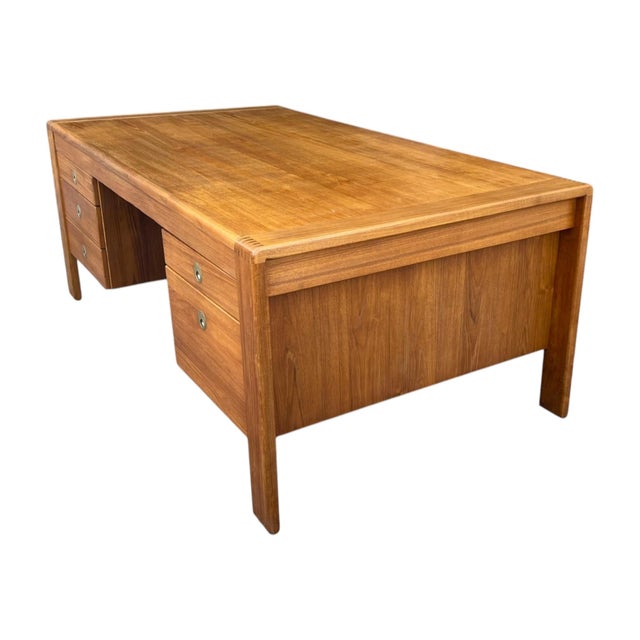 Mid-Century Modern Teak Executive Desk – Danish Style Double Pedestal Desk With Brass Pulls For Sale - Image 12 of 17