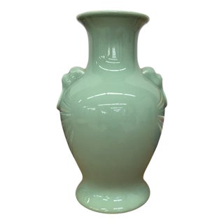 Guardian's Embrace Celadon Green Ceramic Vase Flared Rim For Sale