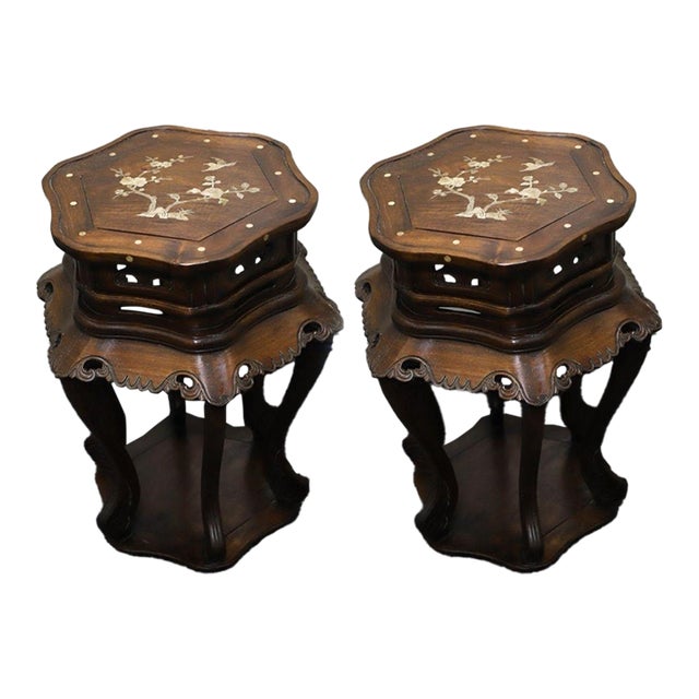 Pair of Huali Rosewood Hexagonal Plant Stands Inlaid With Mother-of-Pearl For Sale