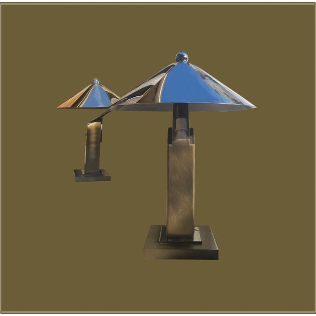 Postmodern Restored Pair of Formidable Steel Table "Arquitectura" Table Lamps With Original Finials by Sergio Orozco for Brueton For Sale - Image 3 of 12